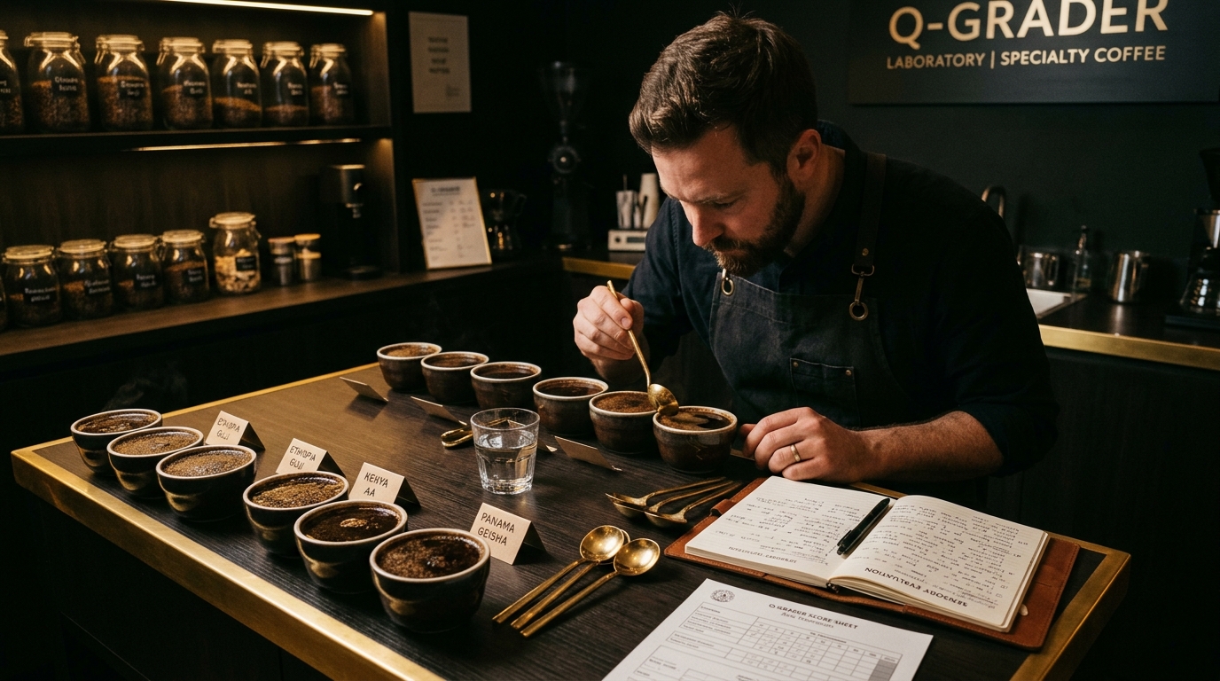 Laboratório de classificação e mesa de cupping de café Seven Coffee